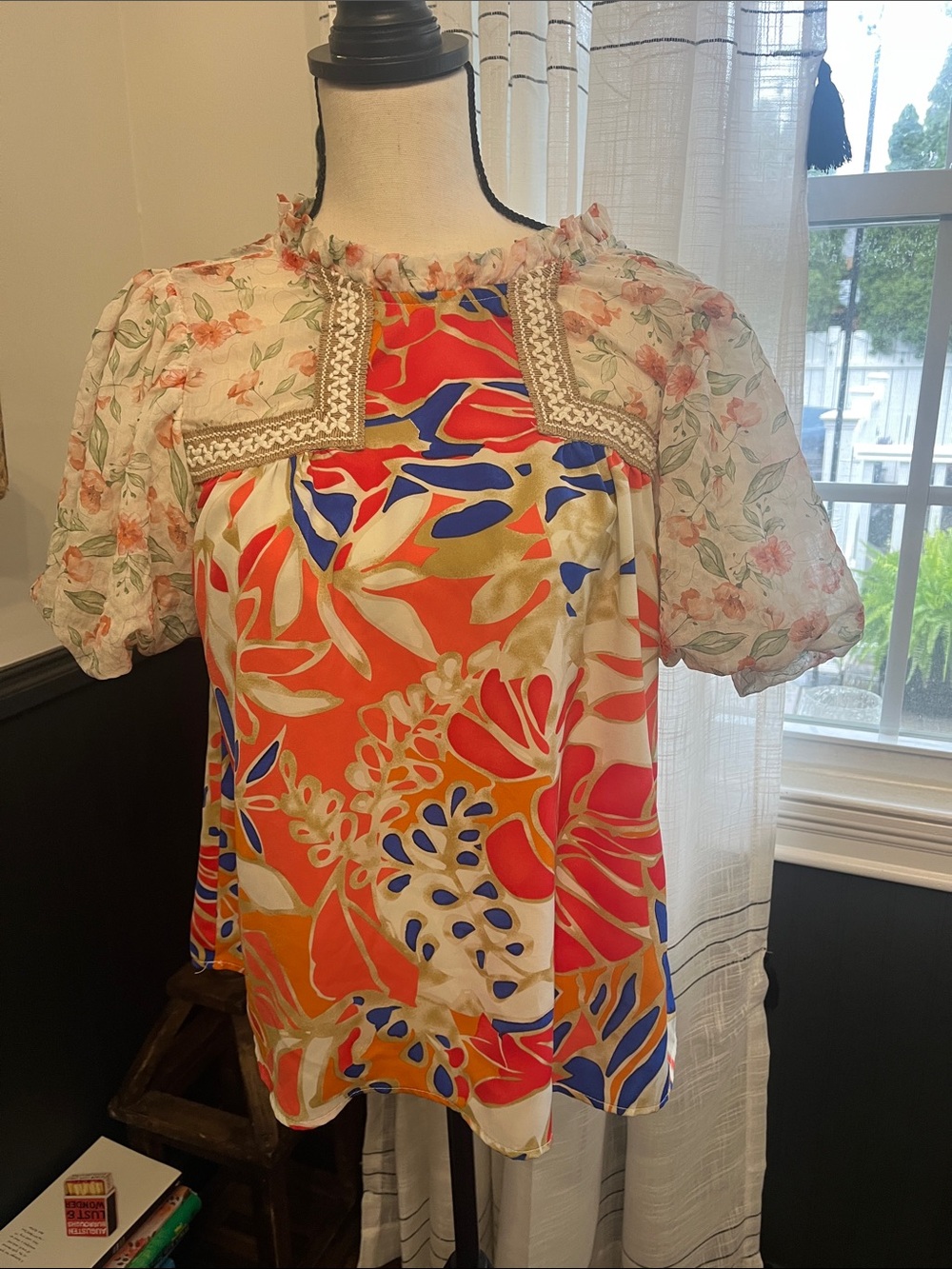 JODIFL Floral Mixed-Print Short Sleeve Blouse – Orange, Cream & Blue Accents